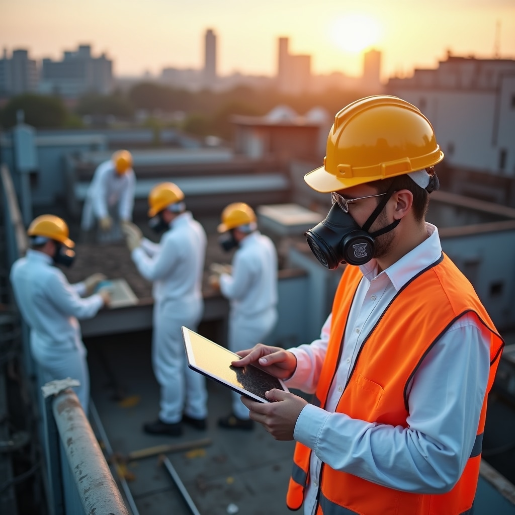 Professional supervising asbestos removal work on industrial roof