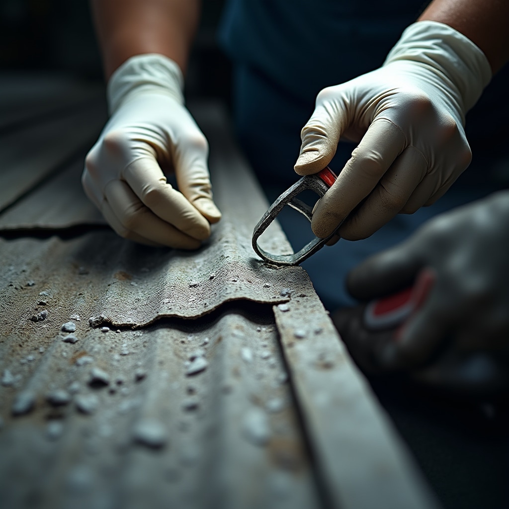 Close inspection of roof material for asbestos identification